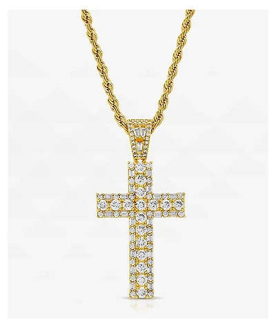 The Gold Gods Diamond Round Cut Cross 22" Rope Chain Necklace