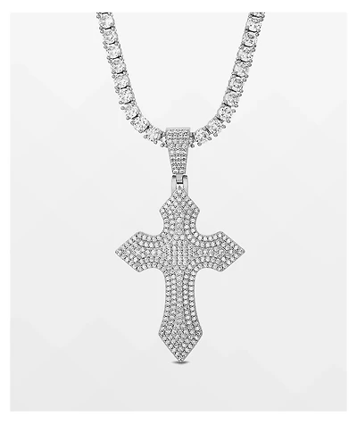 The Gold Gods Diamond Royal Cross 20" White Tennis Chain Necklace