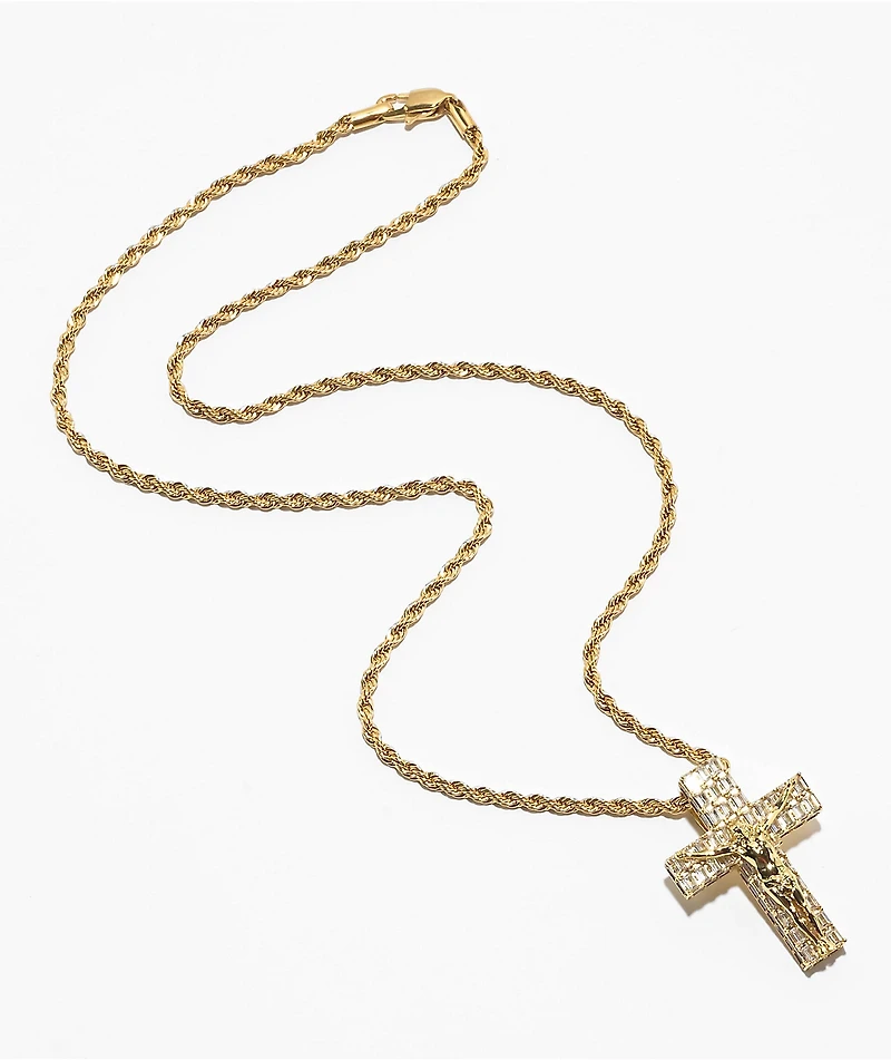 The Gold Gods Flooded Crucifix 22" Rope Chain Necklace