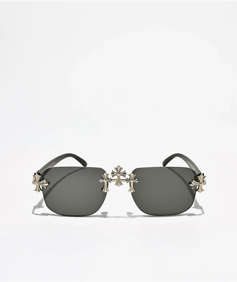 Triple Cross Rimless Silver & Black Sunglasses