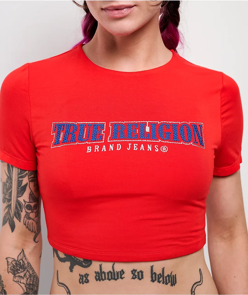 True Religion Anniversary Crystal Spicy Red Crop T-Shirt