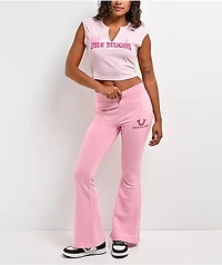 True Religion Appliqué Ribbed V Notch Pink Crop T-Shirt