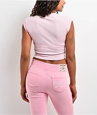 True Religion Appliqué Ribbed V Notch Pink Crop T-Shirt