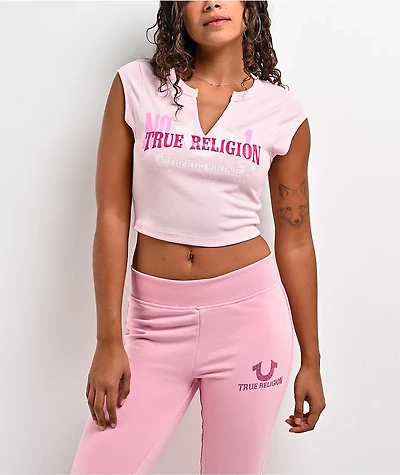 True Religion Appliqué Ribbed V Notch Pink Crop T-Shirt