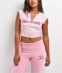 True Religion Appliqué Ribbed V Notch Pink Crop T-Shirt