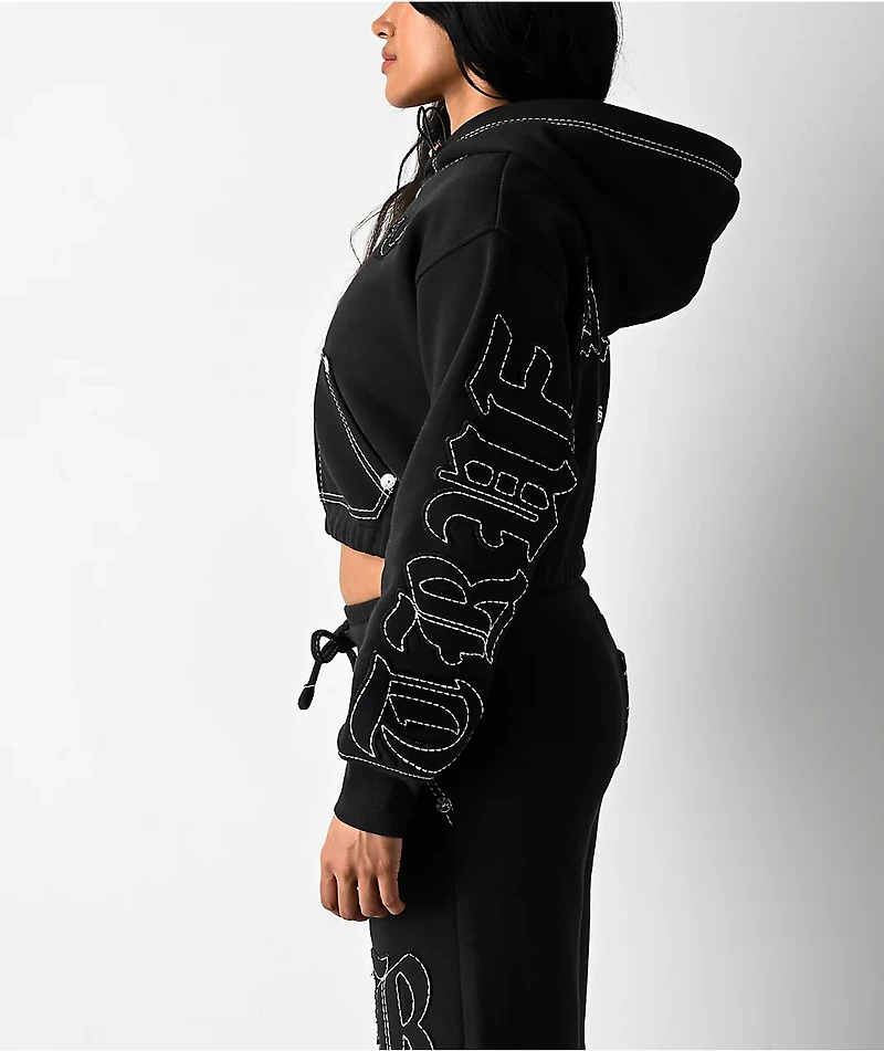 True Religion Applique Black Crop Zip Hoodie