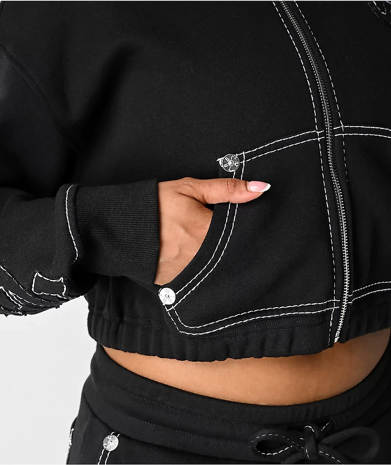 True Religion Applique Black Crop Zip Hoodie