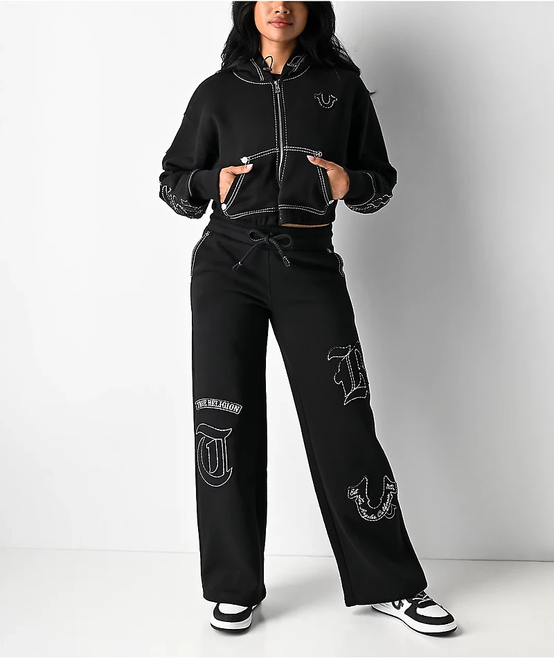 True Religion Applique Black Crop Zip Hoodie