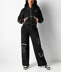 True Religion Applique Black Crop Zip Hoodie
