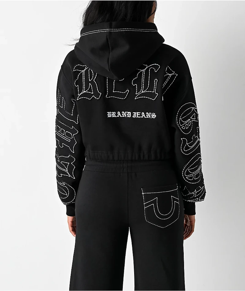 True Religion Applique Black Crop Zip Hoodie