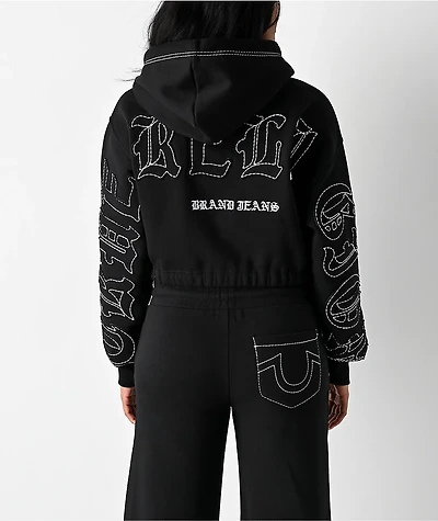 True Religion Applique Black Crop Zip Hoodie