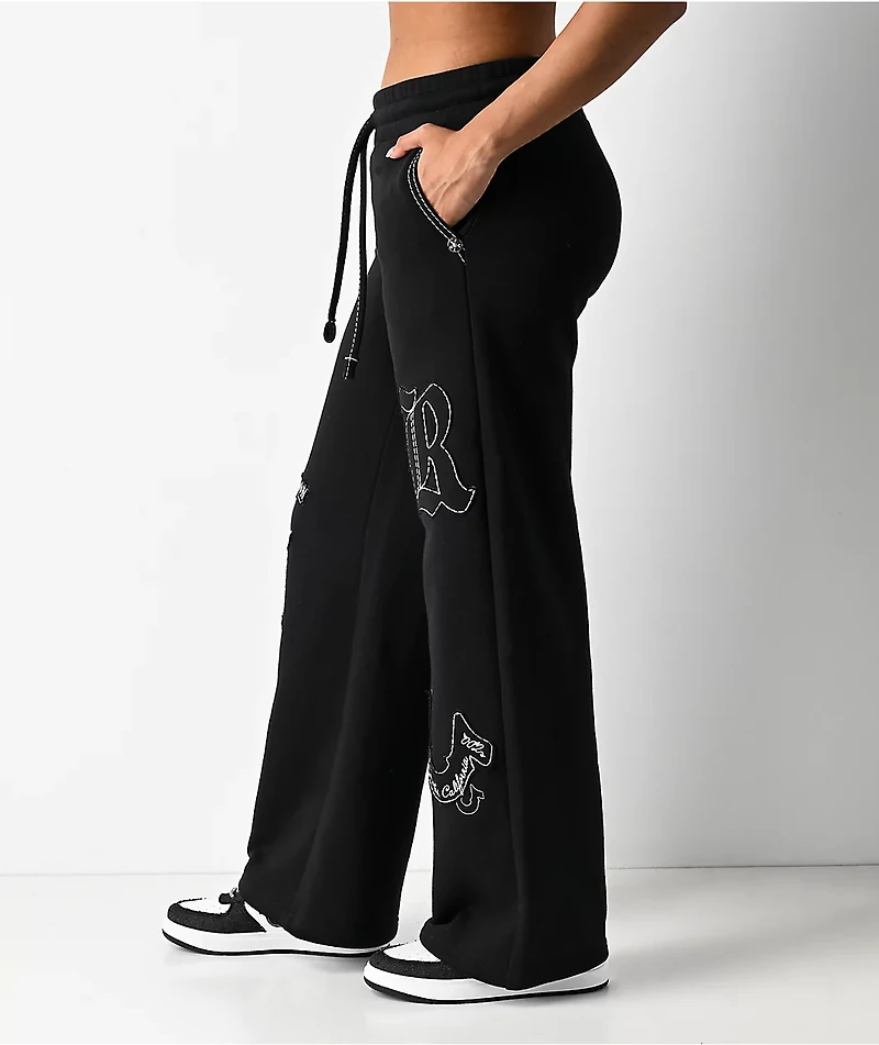 True Religion Applique Black Wide Leg Sweatpants