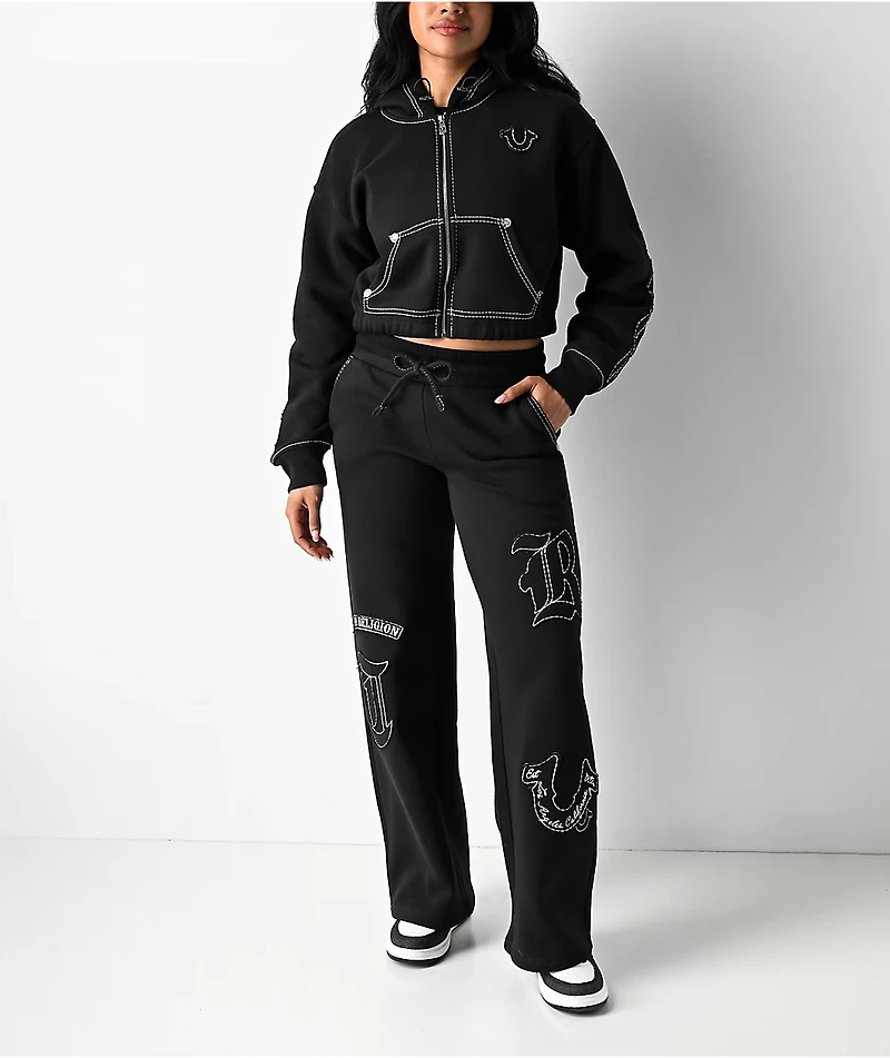 True Religion Applique Black Wide Leg Sweatpants