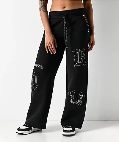 True Religion Applique Black Wide Leg Sweatpants