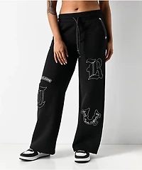 True Religion Applique Black Wide Leg Sweatpants