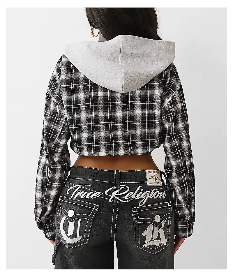 True Religion Applique Shrunken Black Plaid Flannel Crop Zip Hoodie