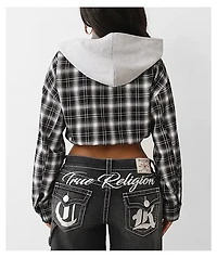 True Religion Applique Shrunken Black Plaid Flannel Crop Zip Hoodie