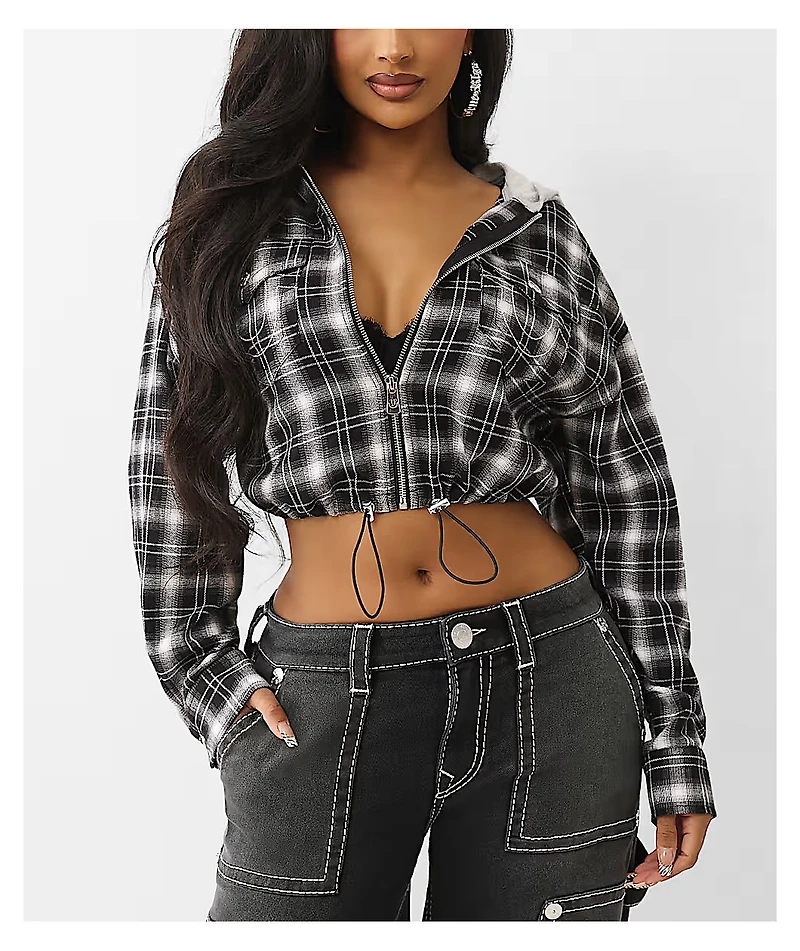 True Religion Applique Shrunken Black Plaid Flannel Crop Zip Hoodie