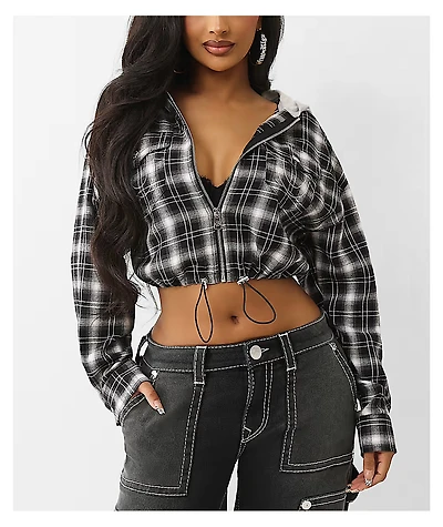 True Religion Applique Shrunken Black Plaid Flannel Crop Zip Hoodie