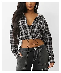 True Religion Applique Shrunken Black Plaid Flannel Crop Zip Hoodie