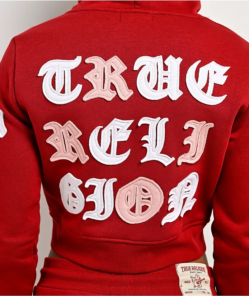 True Religion Applique Shrunken Red Crop Zip Hoodie