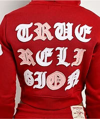 True Religion Applique Shrunken Red Crop Zip Hoodie