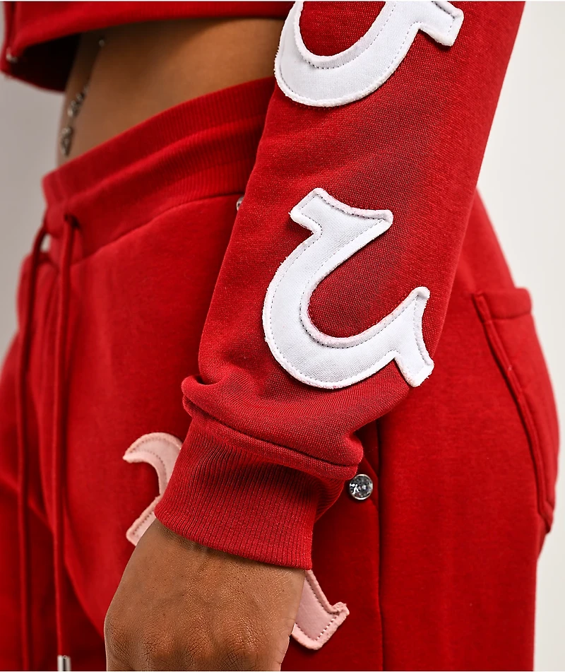 True Religion Applique Shrunken Red Crop Zip Hoodie