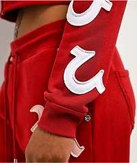 True Religion Applique Shrunken Red Crop Zip Hoodie