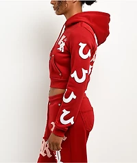 True Religion Applique Shrunken Red Crop Zip Hoodie