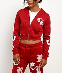 True Religion Applique Shrunken Red Crop Zip Hoodie