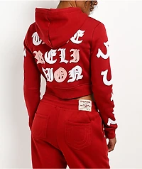 True Religion Applique Shrunken Red Crop Zip Hoodie