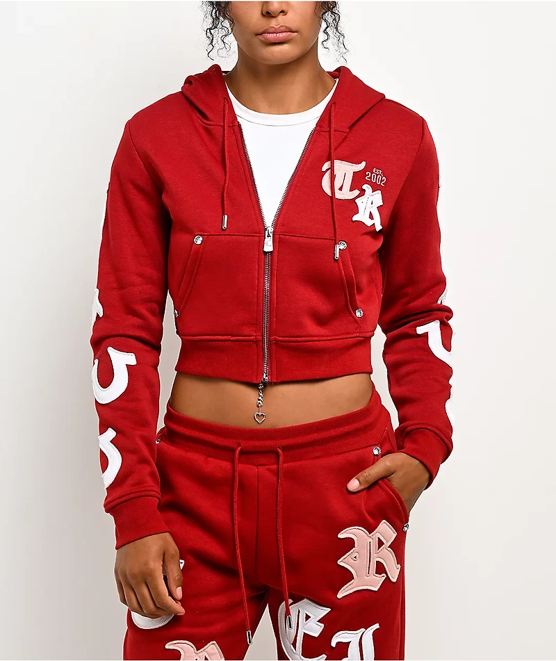 True Religion Applique Shrunken Red Crop Zip Hoodie