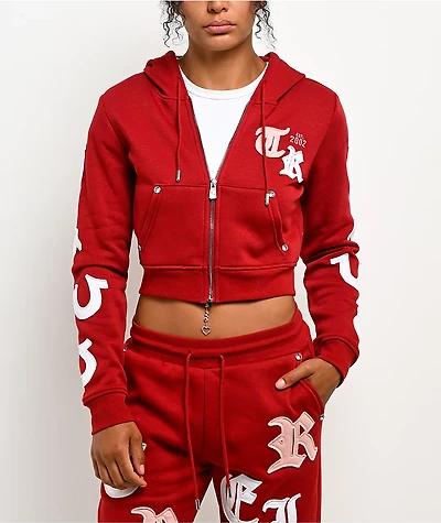 True Religion Applique Shrunken Red Crop Zip Hoodie