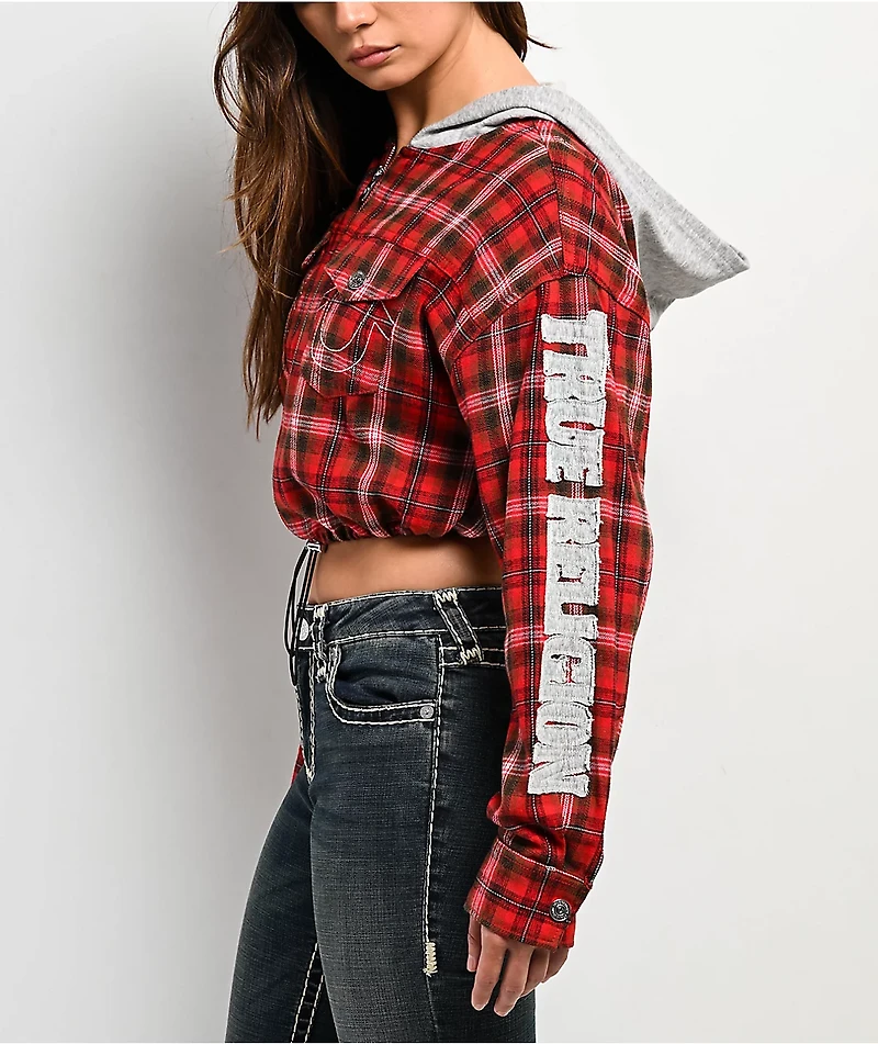 True Religion Applique Shrunken Red Plaid Flannel Crop Zip Hoodie