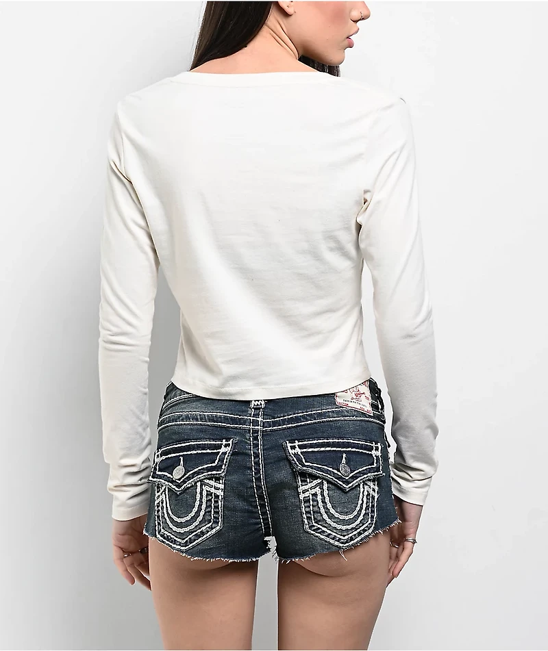 True Religion Applique Winter White Long Sleeve Crop T-Shirt
