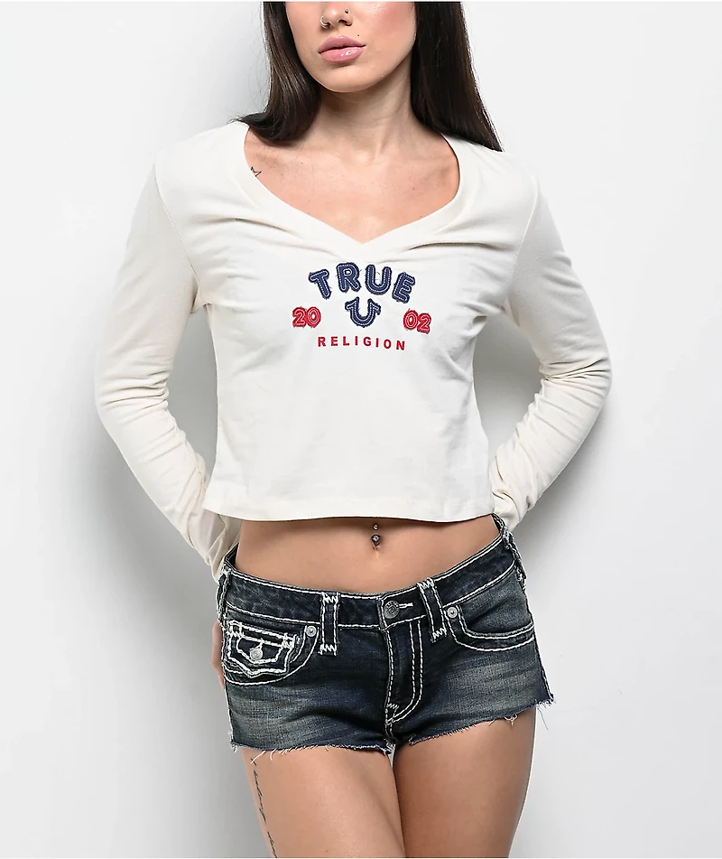 True Religion Applique Winter White Long Sleeve Crop T-Shirt