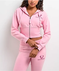 True Religion Big T High Waistband Pink Crop Zip Hoodie