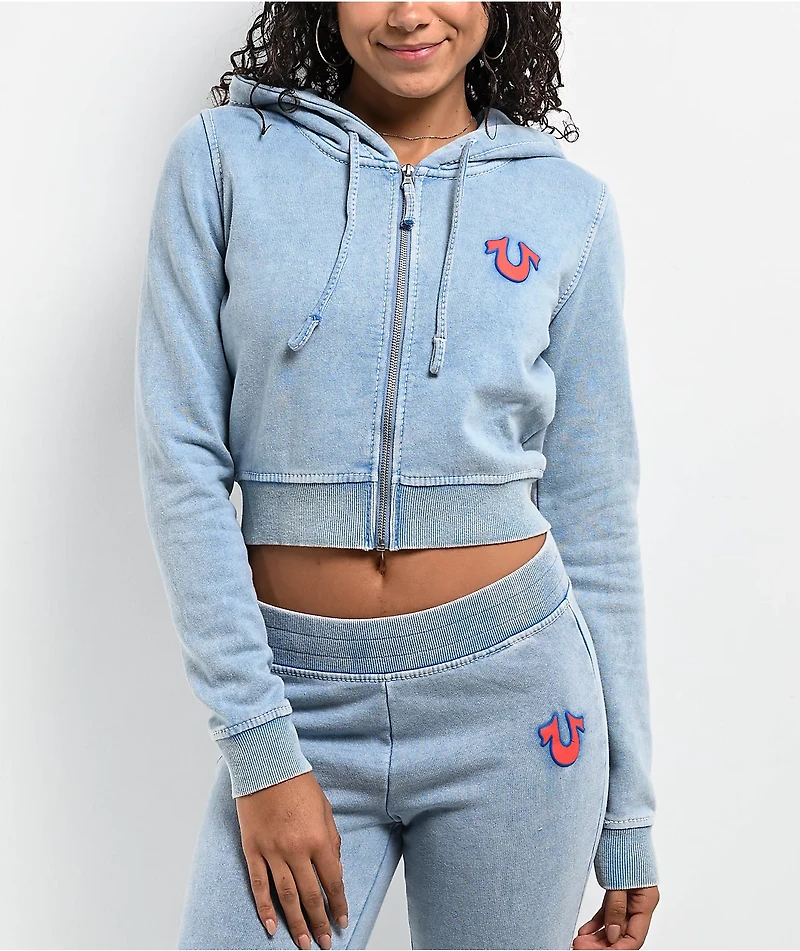 True Religion Big T Logo Blue Wash Crop Zip Hoodie
