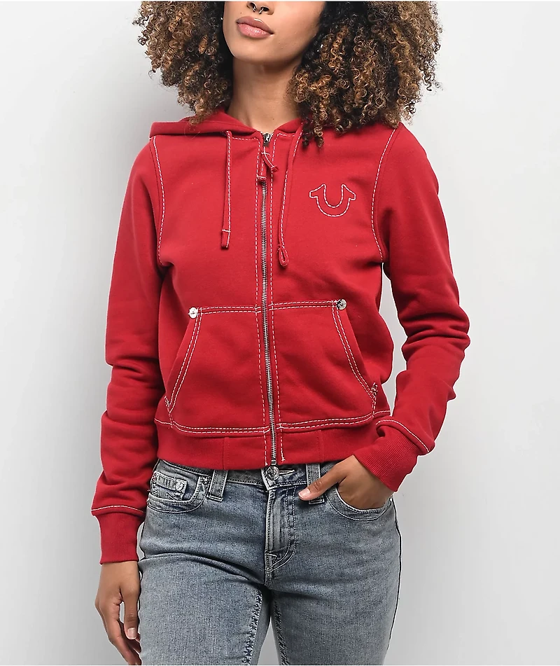True Religion Big T Logo Red Zip Hoodie