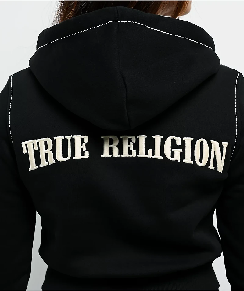 True Religion Big T Shrunken Black Crop Zip Hoodie