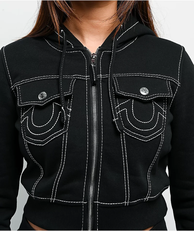 True Religion Big T Shrunken Black Crop Zip Hoodie