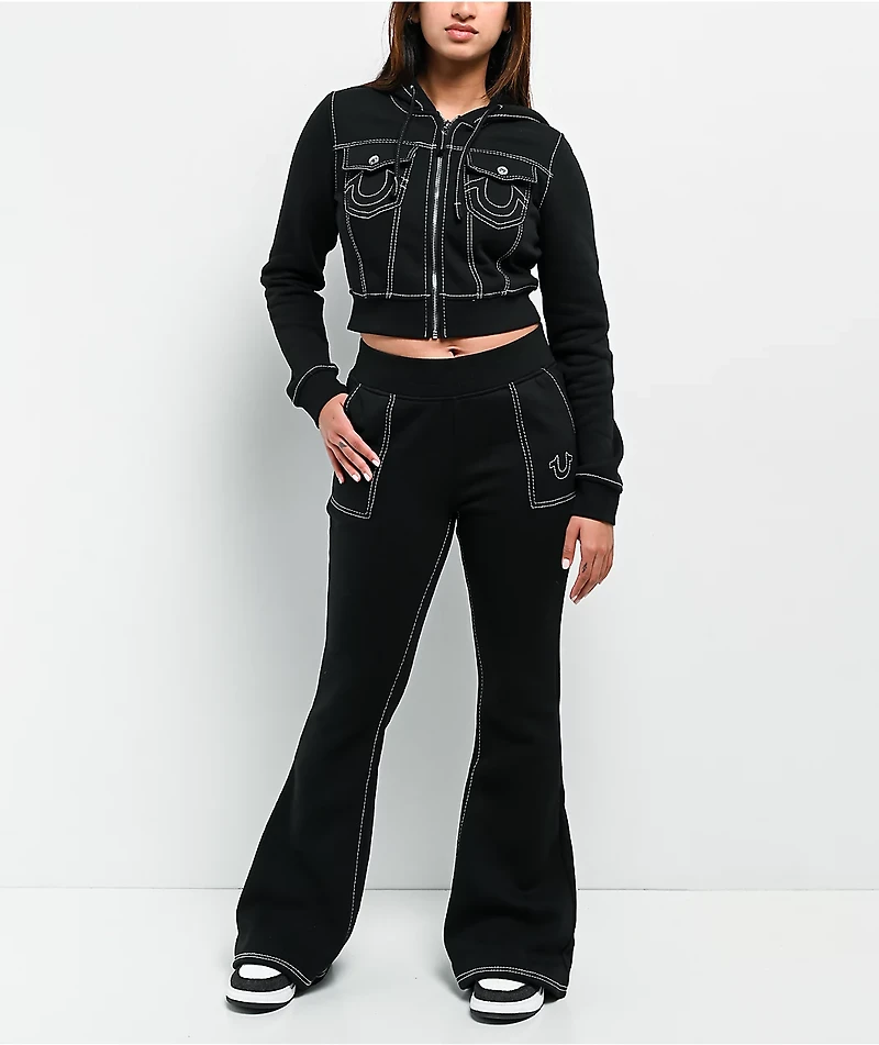 True Religion Big T Shrunken Black Crop Zip Hoodie