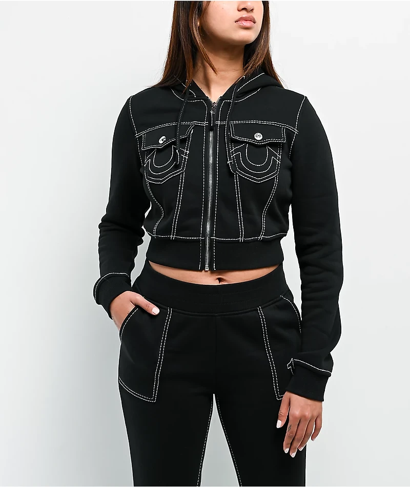 True Religion Big T Shrunken Black Crop Zip Hoodie
