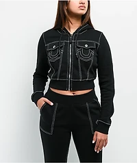 True Religion Big T Shrunken Black Crop Zip Hoodie