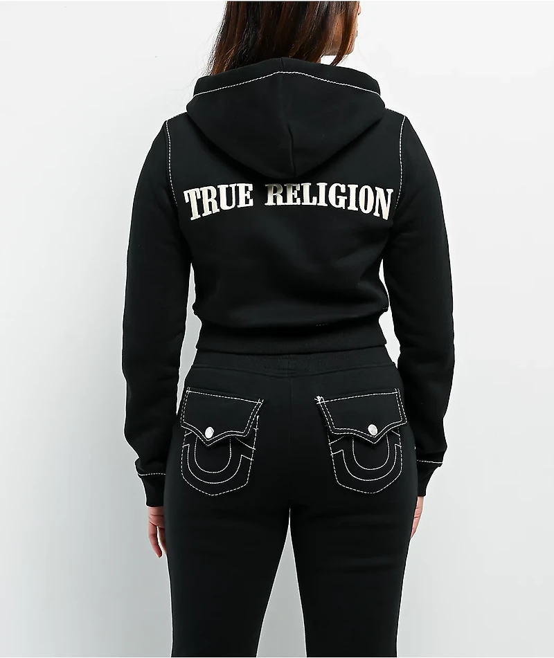 True Religion Big T Shrunken Black Crop Zip Hoodie