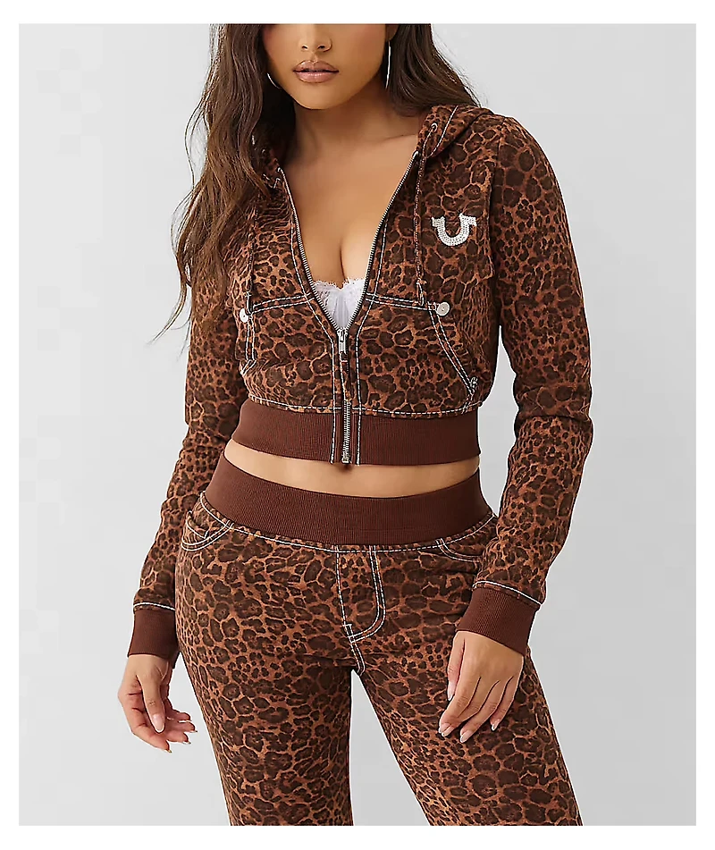 True Religion Big T Shrunken Leopard Crop Zip Hoodie