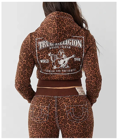 True Religion Big T Shrunken Leopard Crop Zip Hoodie