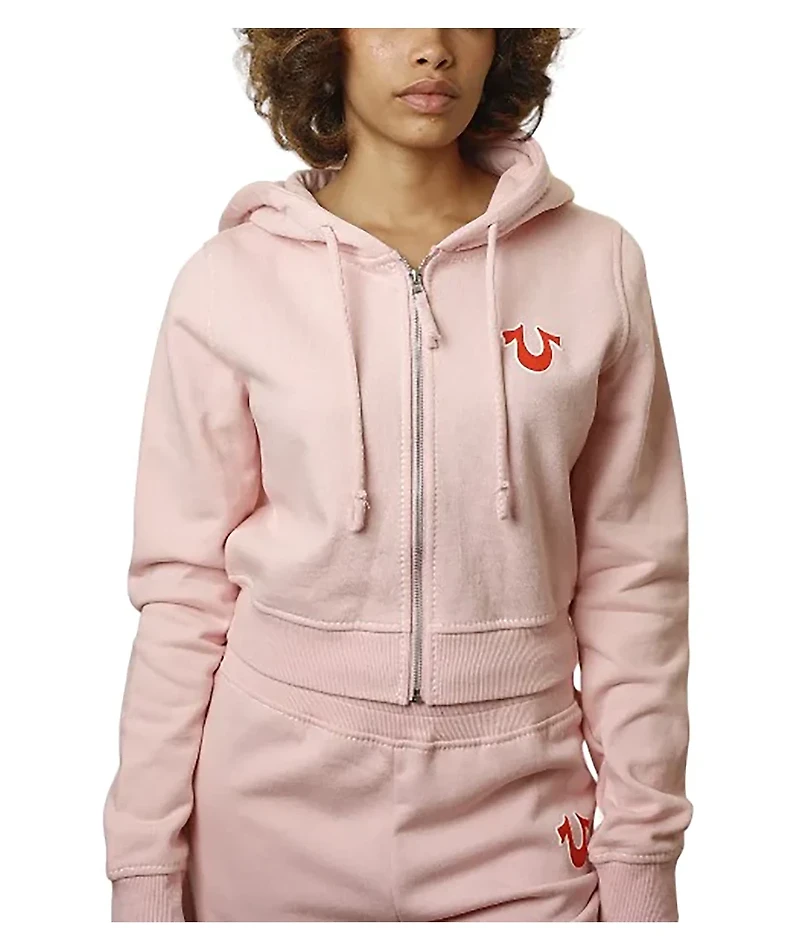 True Religion Big T Shrunken Orchid Pink Crop Zip Hoodie