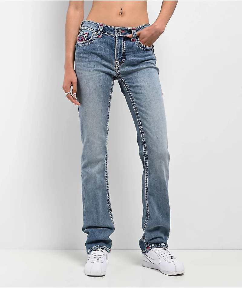 True Religion Billie Super T Moon Daisy Wash Mid Rise Jeans
