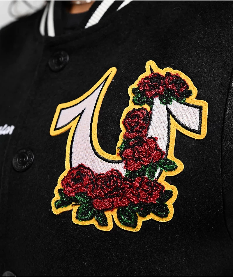 True Religion Black & Cream Embroidered Varsity Jacket